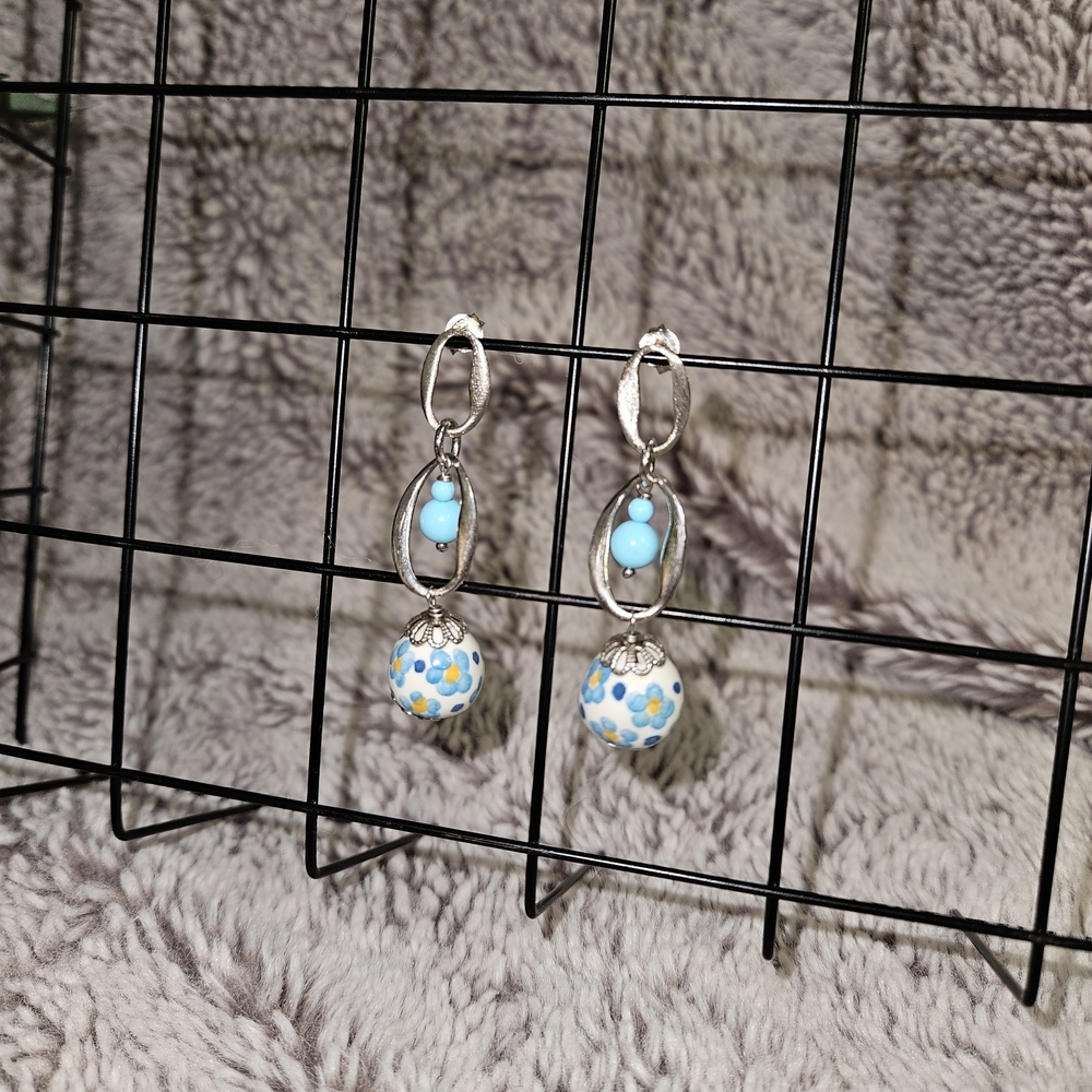 Boho Silver Floral Dangle Earrings Blue White Ceramic Bead Artisan Chinoiserie